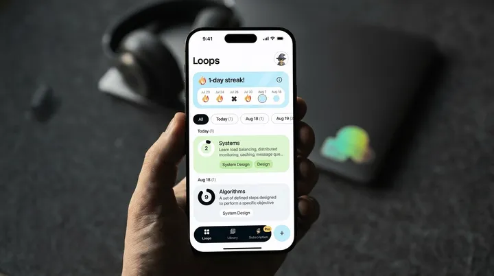 Loops mobile interface showing learning topics and daily progress.
